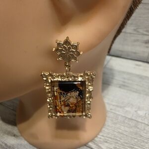 Gold Frame Drop Earrings with Artistic Inset